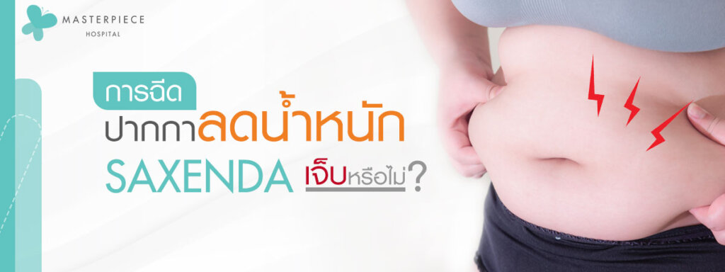 สองมือกำลังจับหน้าท้องที่อ้วนยื่นออกมา กับข้อความ การฉีดปากกาลดน้ำหนัก Saxenda  เจ็บหรือไม่