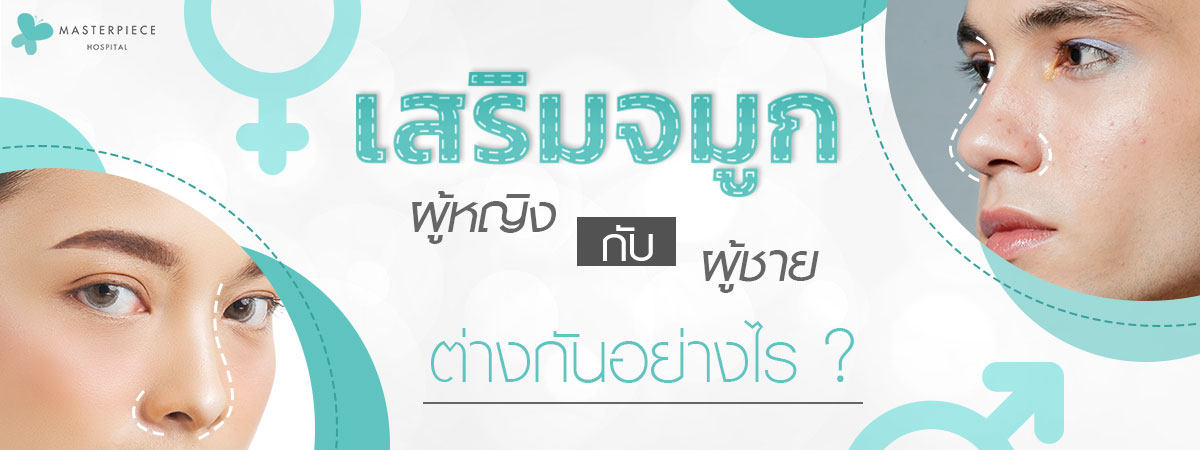 ผู้หญิงและผู้ชายหันข้าง มีเส้นประรอบ ๆ จมูก สำหรับเปรียบเทียบจมูกของหญิงและชาย