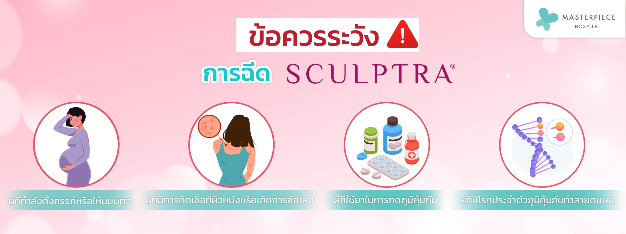 ข้อควรระวัง การฉีด Sculptra คือคนที่กำลังให้นมบุตร มีอาการติดเชื้อบริเวณผิวหนัง ผู้ใช้ยาทดภูมิ ผู้มีโรคประจำตัวภูมิทำร้ายตัวเอง